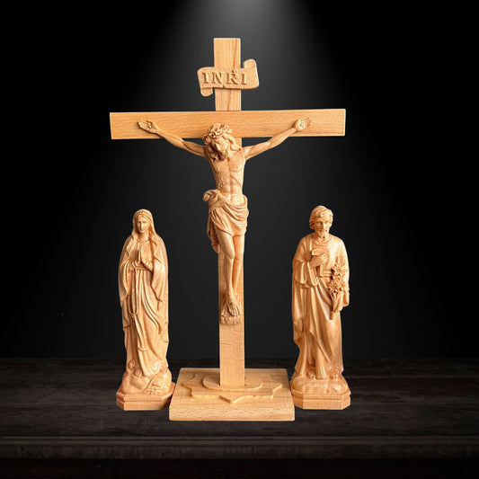 Crucifix Cross, Saint Joseph & Saint Mary Wood Carving StatuesPremiumWoodArtSIZE S