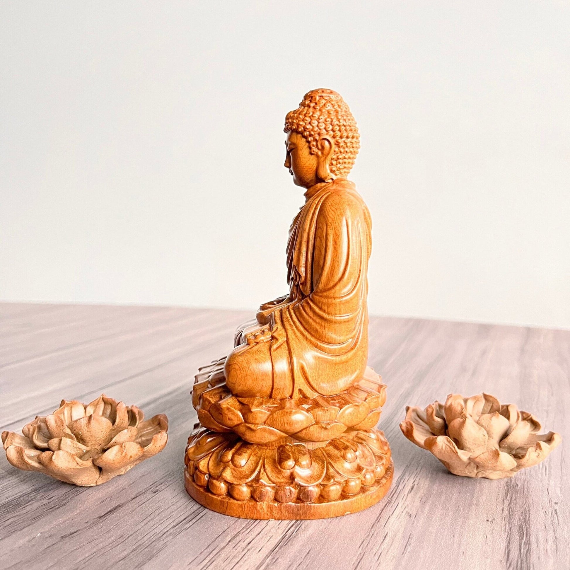 Gautama Buddha Sitting on Lotus Wood Carving StatuePremiumWoodArt