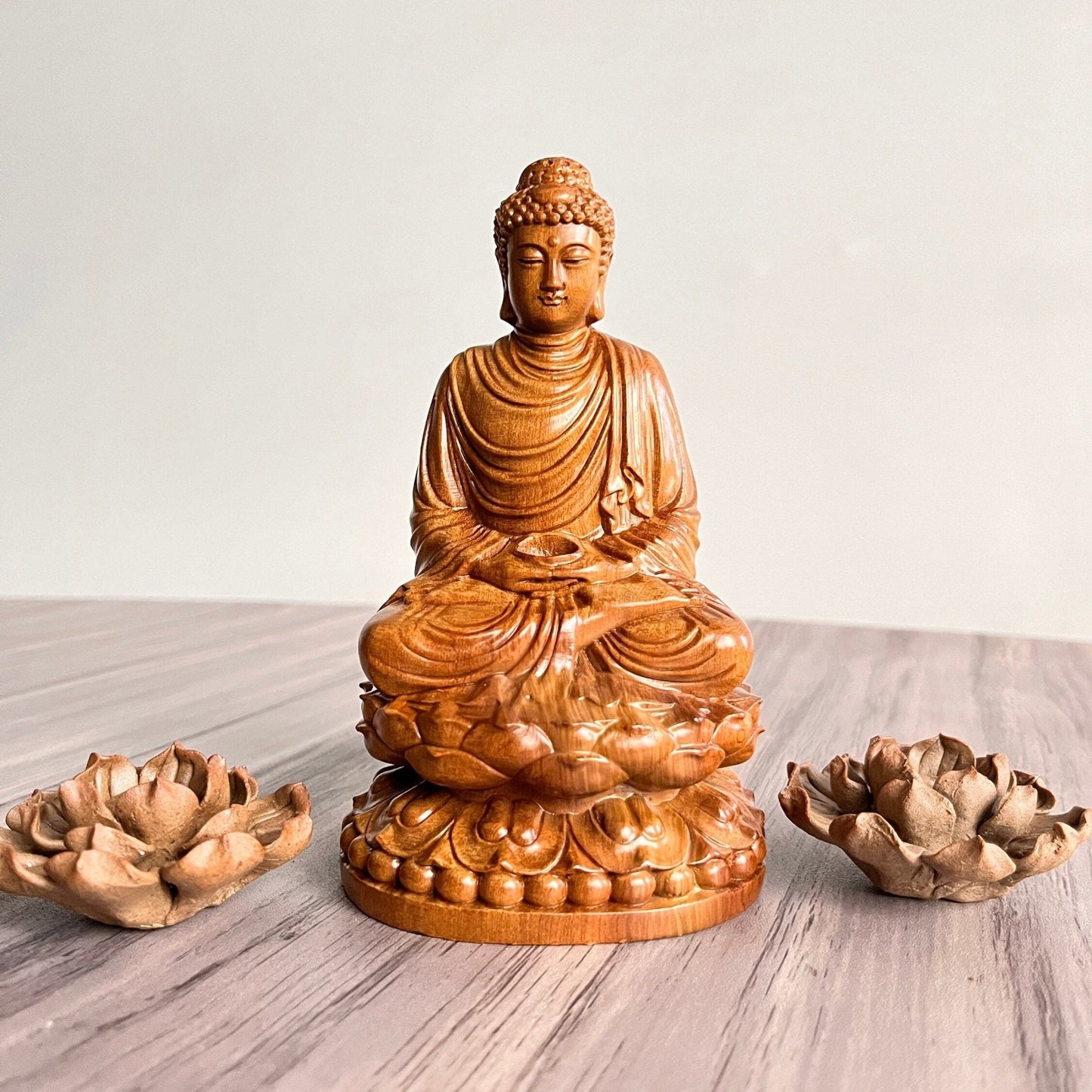 Gautama Buddha Sitting on Lotus Wood Carving StatuePremiumWoodArt