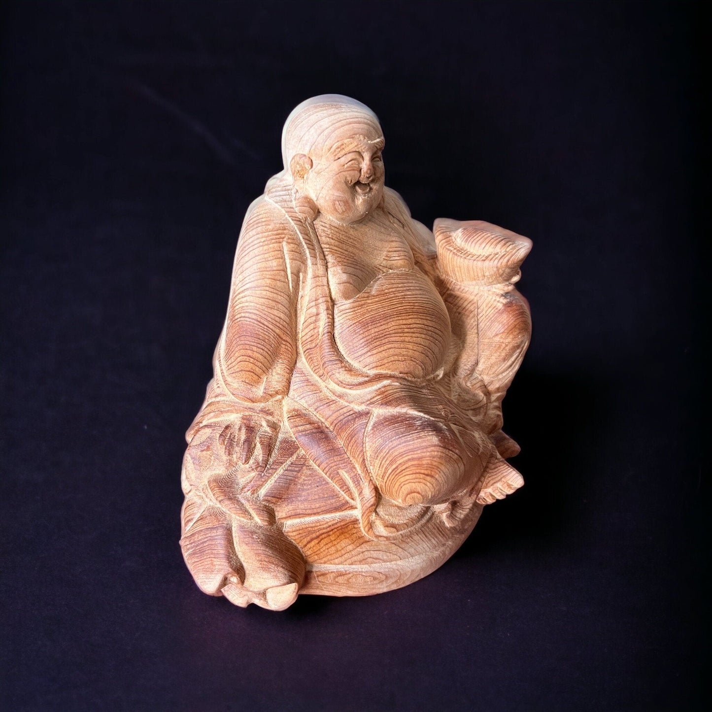 God Of Wealth Statue Made By Unfinished Fragrant Wood, Smiling Maitreya Buddha, Lucky Fengshui Laughing Happy Buddha Figurine Brings FortuneTuNaCraftCollection