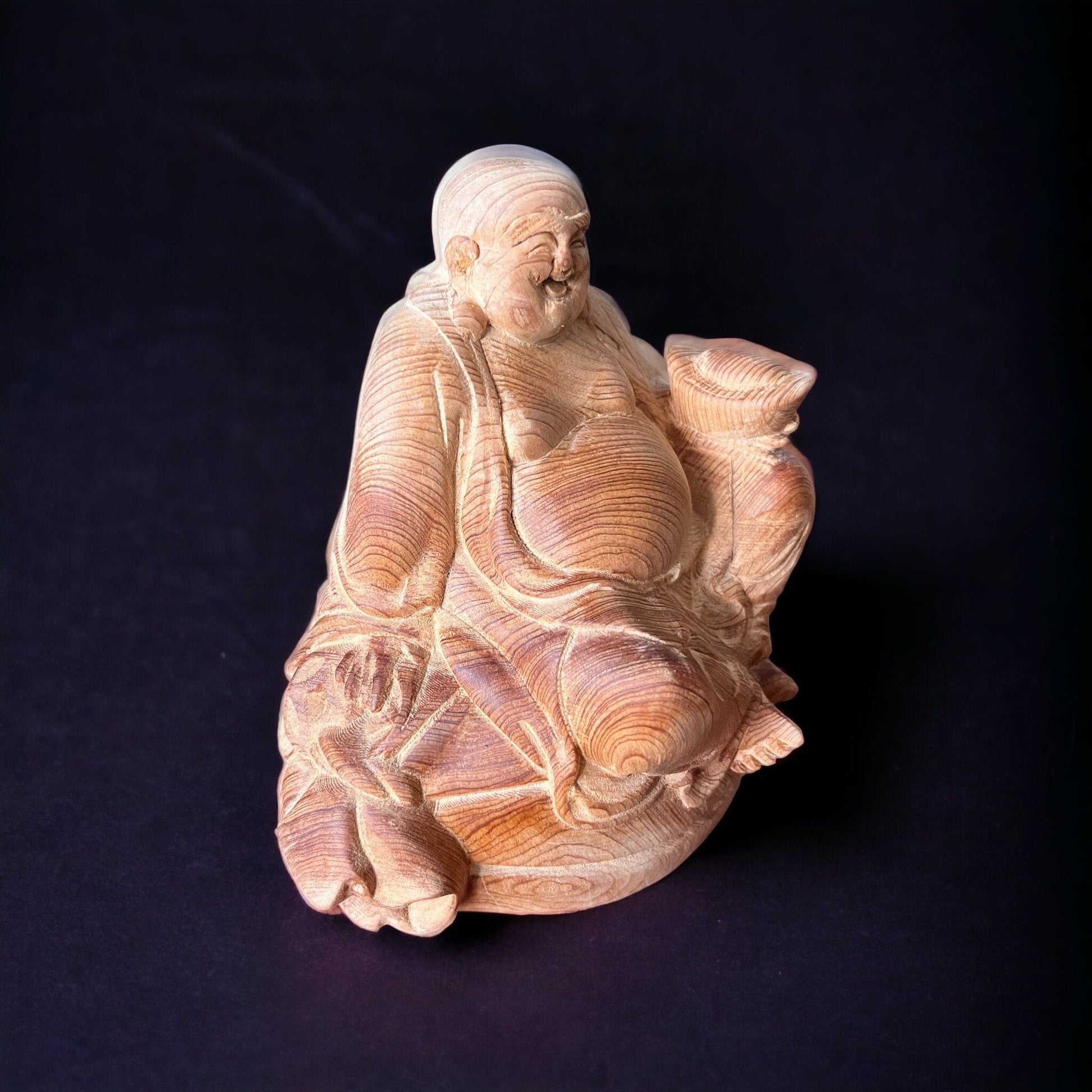 God Of Wealth Statue Made By Unfinished Fragrant Wood, Smiling Maitreya Buddha, Lucky Fengshui Laughing Happy Buddha Figurine Brings FortuneTuNaCraftCollection