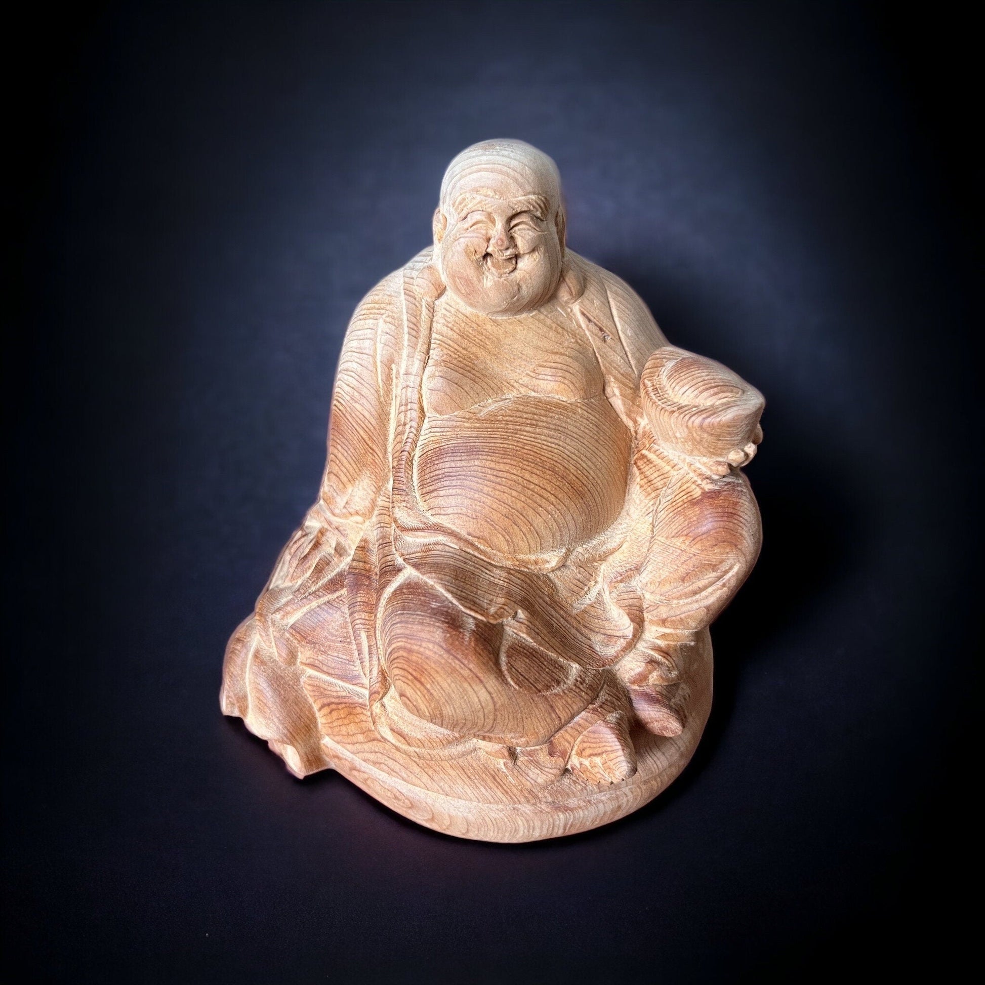 God Of Wealth Statue Made By Unfinished Fragrant Wood, Smiling Maitreya Buddha, Lucky Fengshui Laughing Happy Buddha Figurine Brings FortuneTuNaCraftCollection