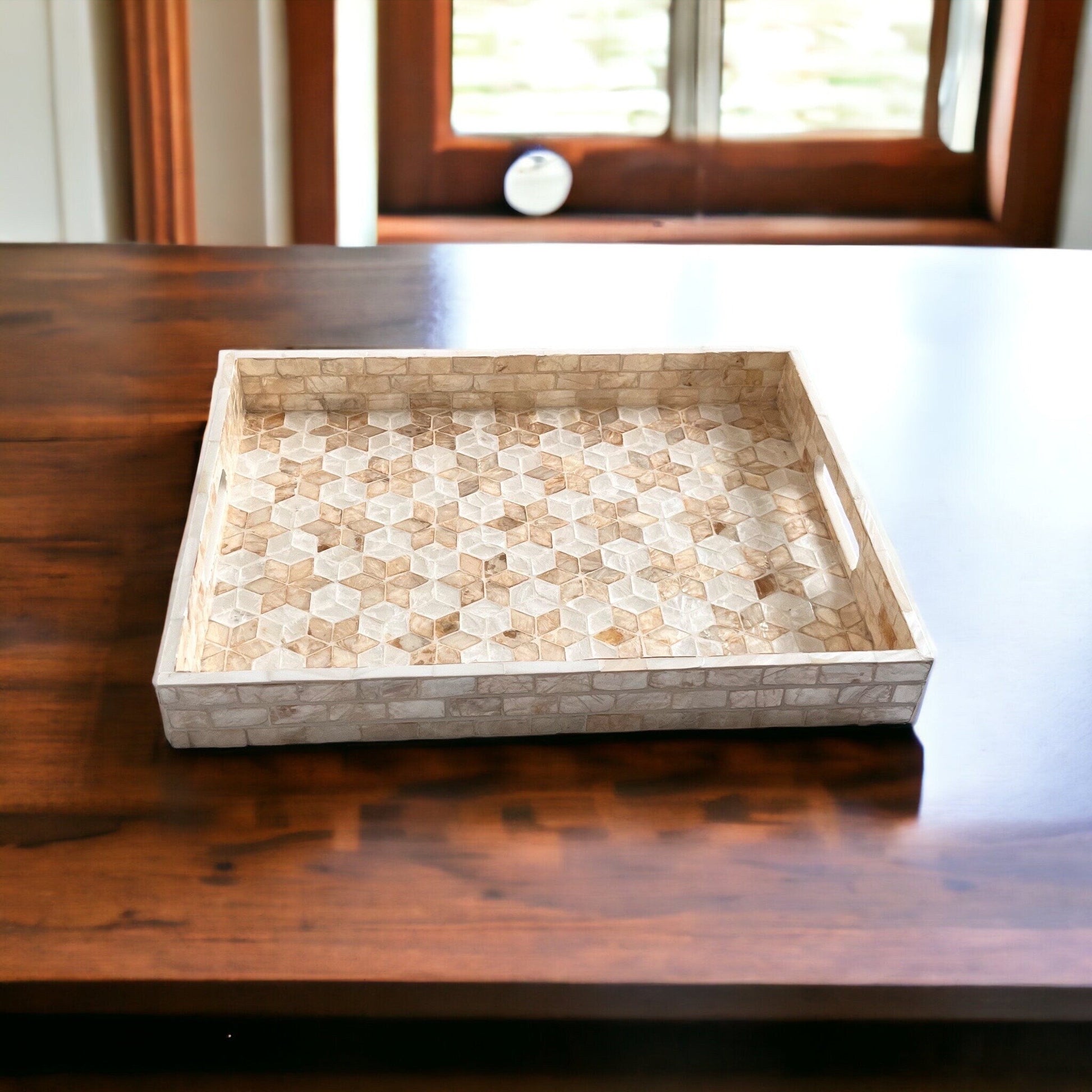 Gold star flowers Mother pearl inlay rectangle tray, serving tray, breakfast tray, coffee table tray, decorative tray, housewarming giftPremiumWoodArt