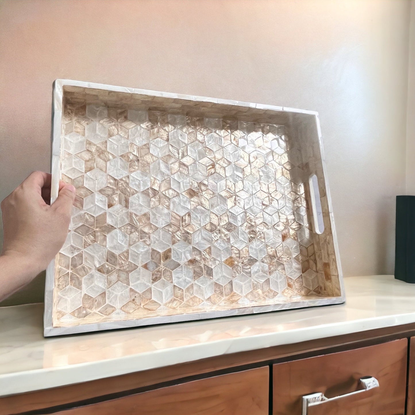 Gold star flowers Mother pearl inlay rectangle tray, serving tray, breakfast tray, coffee table tray, decorative tray, housewarming giftPremiumWoodArt