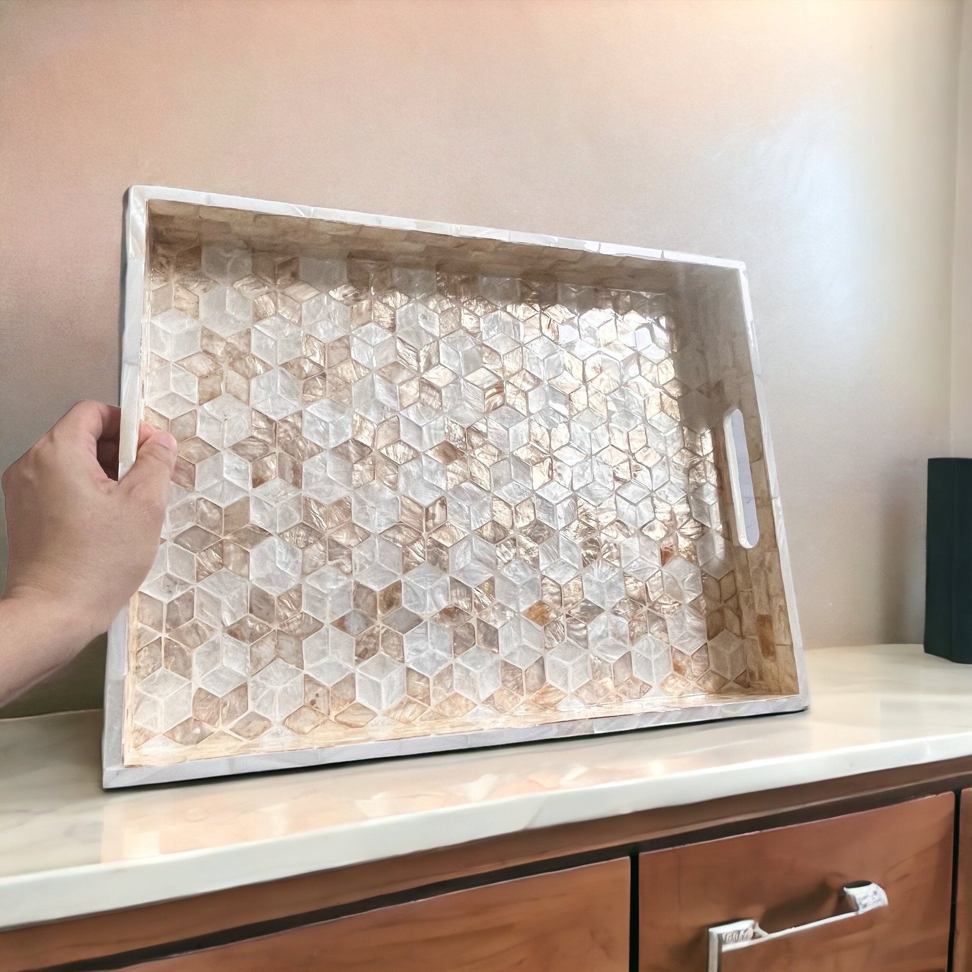 Gold star flowers Mother pearl inlay rectangle tray, serving tray, breakfast tray, coffee table tray, decorative tray, housewarming giftPremiumWoodArt