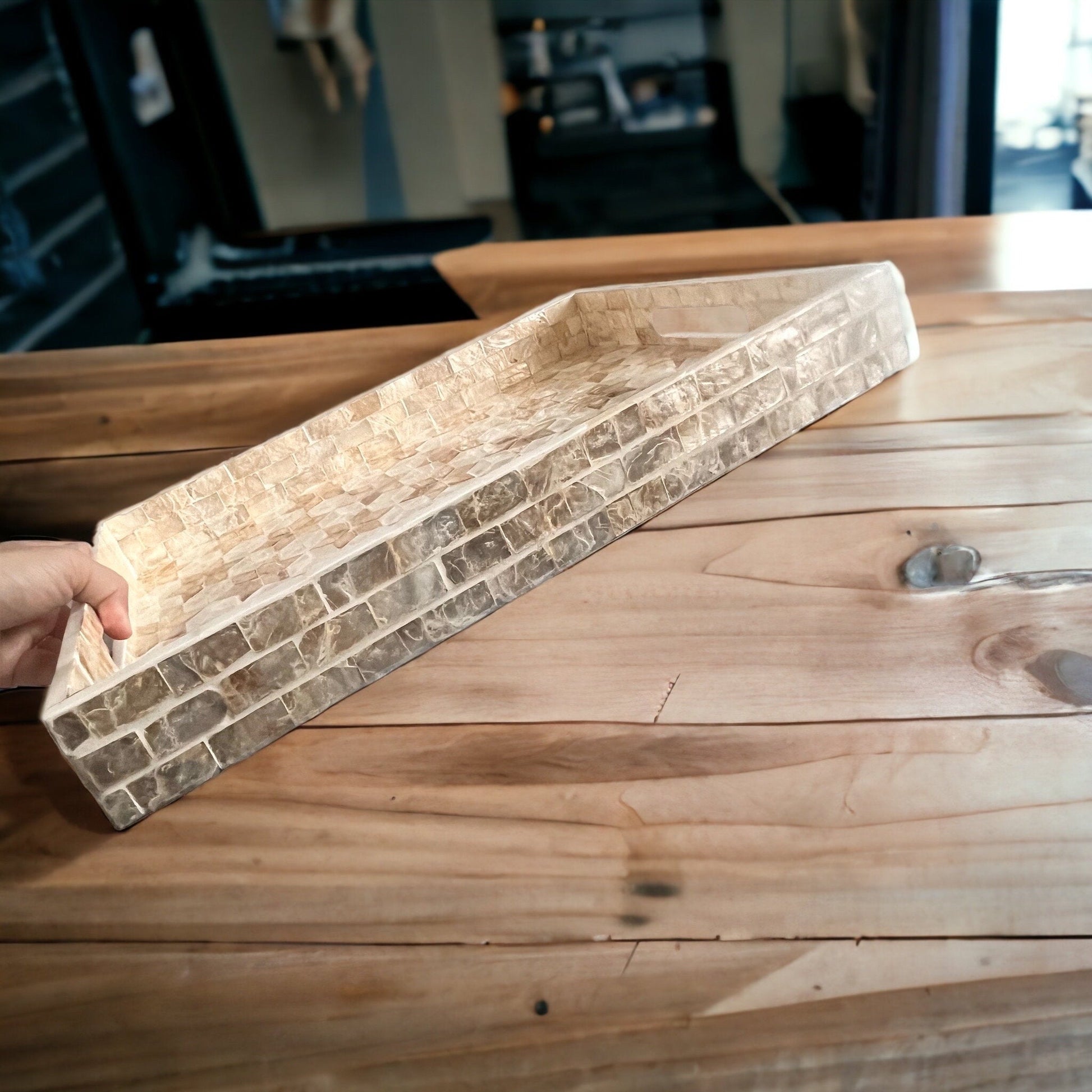 Gold star flowers Mother pearl inlay rectangle tray, serving tray, breakfast tray, coffee table tray, decorative tray, housewarming giftPremiumWoodArt