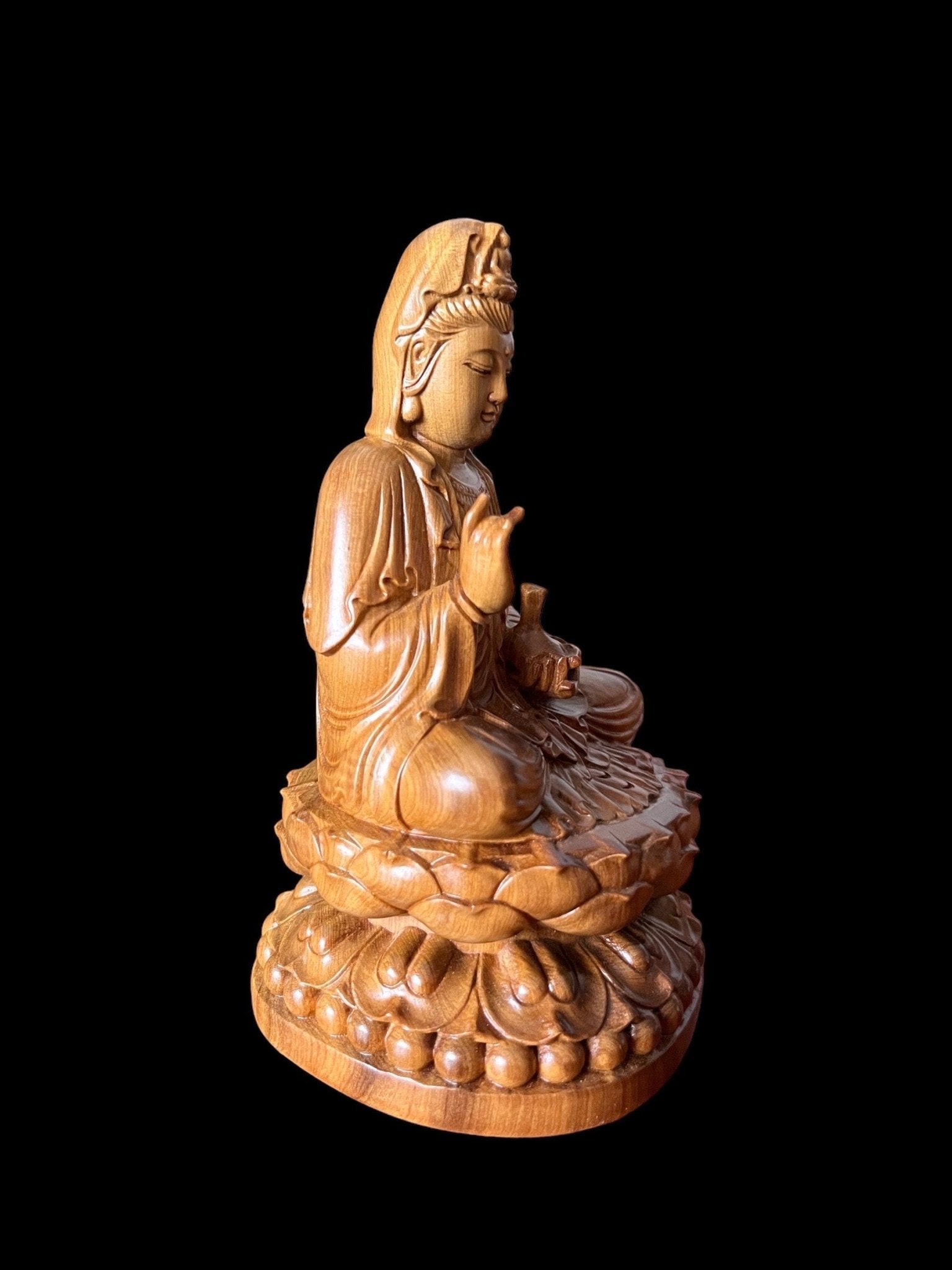 Guan Yin Bodhisattva Buddha Sitting on Lotus Wood StatueTuNaCraftCollection