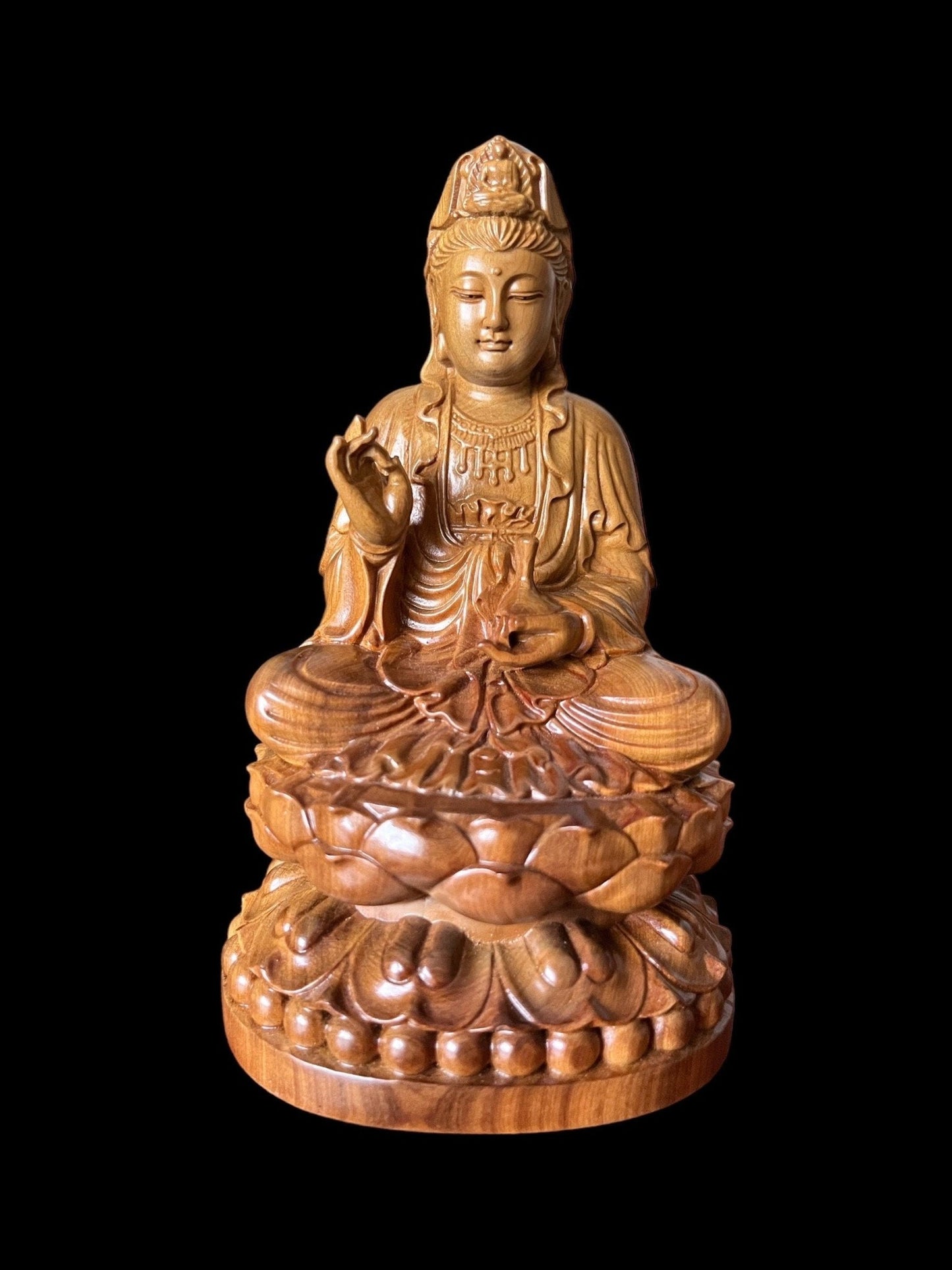 Guan Yin Bodhisattva Buddha Sitting on Lotus Wood StatueTuNaCraftCollection