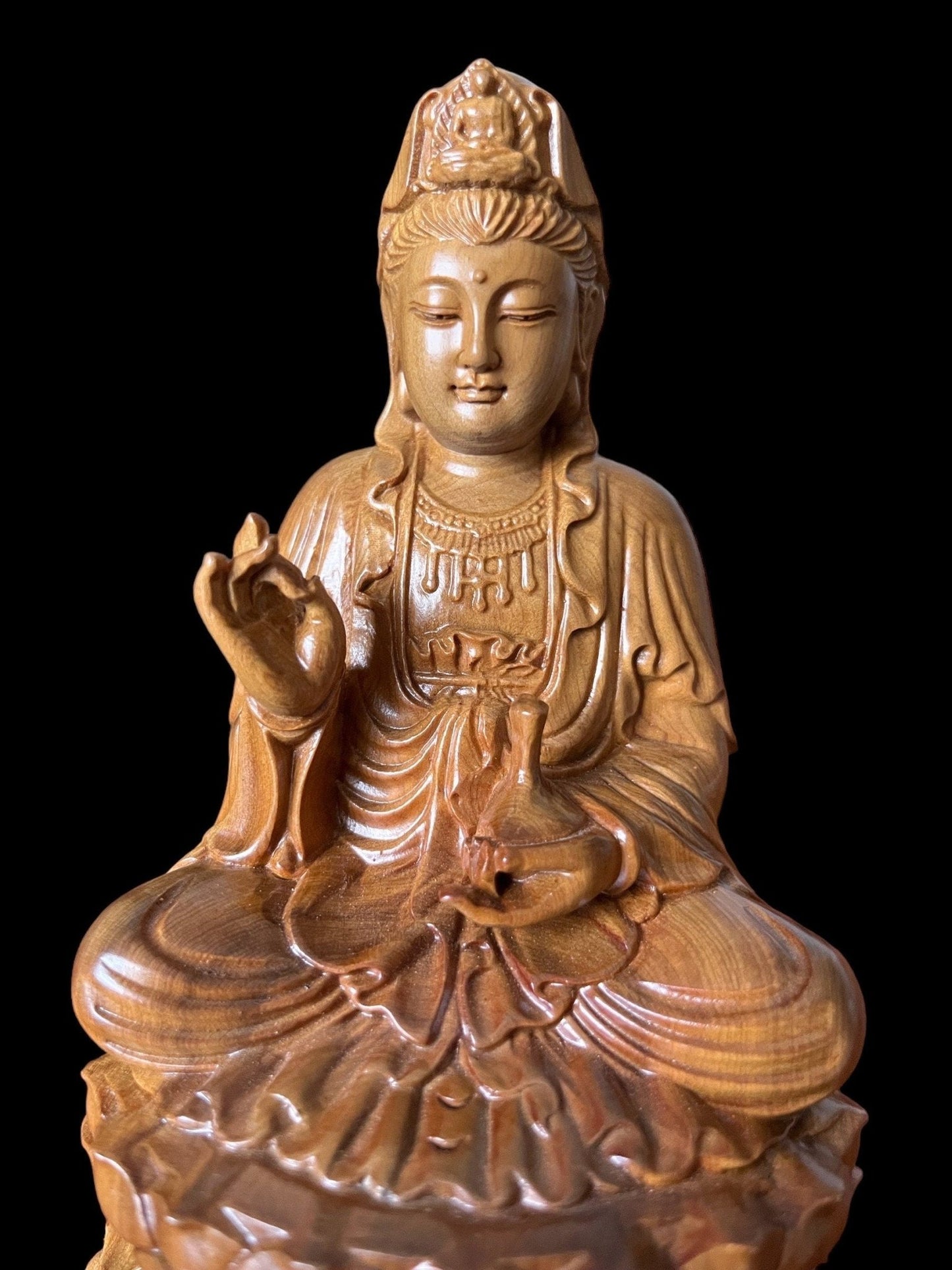 Guan Yin Bodhisattva Buddha Sitting on Lotus Wood StatueTuNaCraftCollection