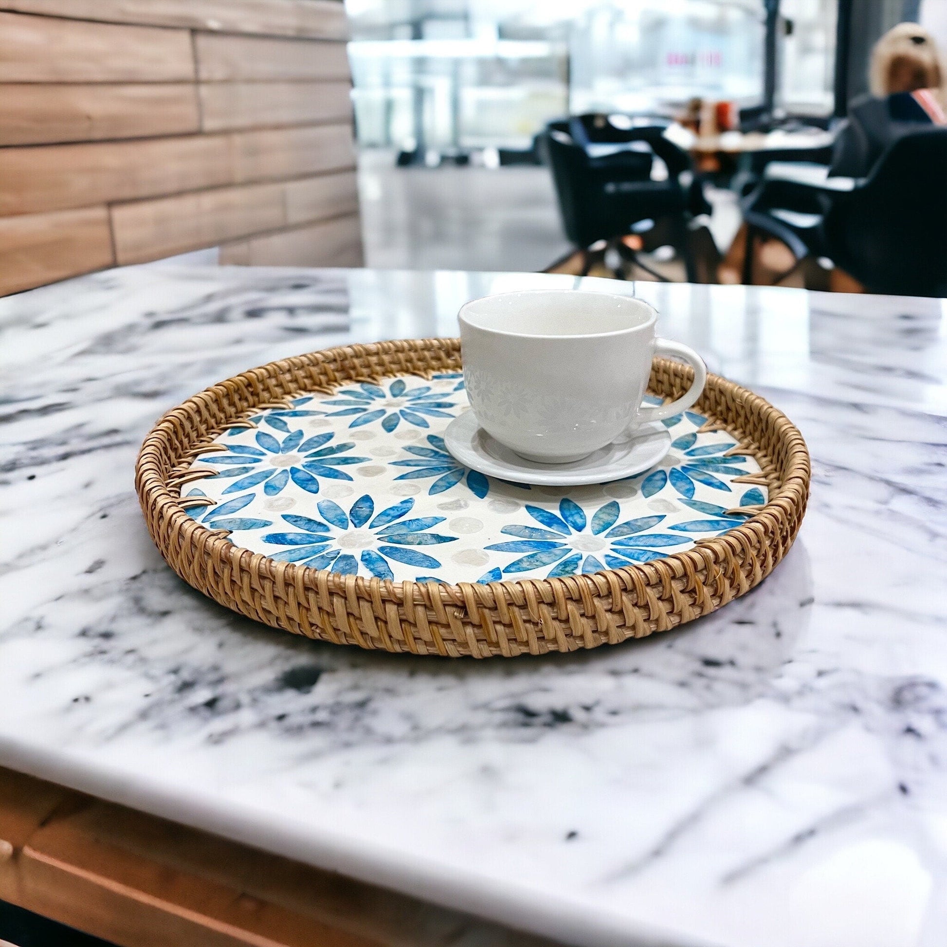 Hand-woven Rattan and Blue Capiz Shell Inlay Round Serving TrayTuNaCraftCollectionSet 2 (S+M)