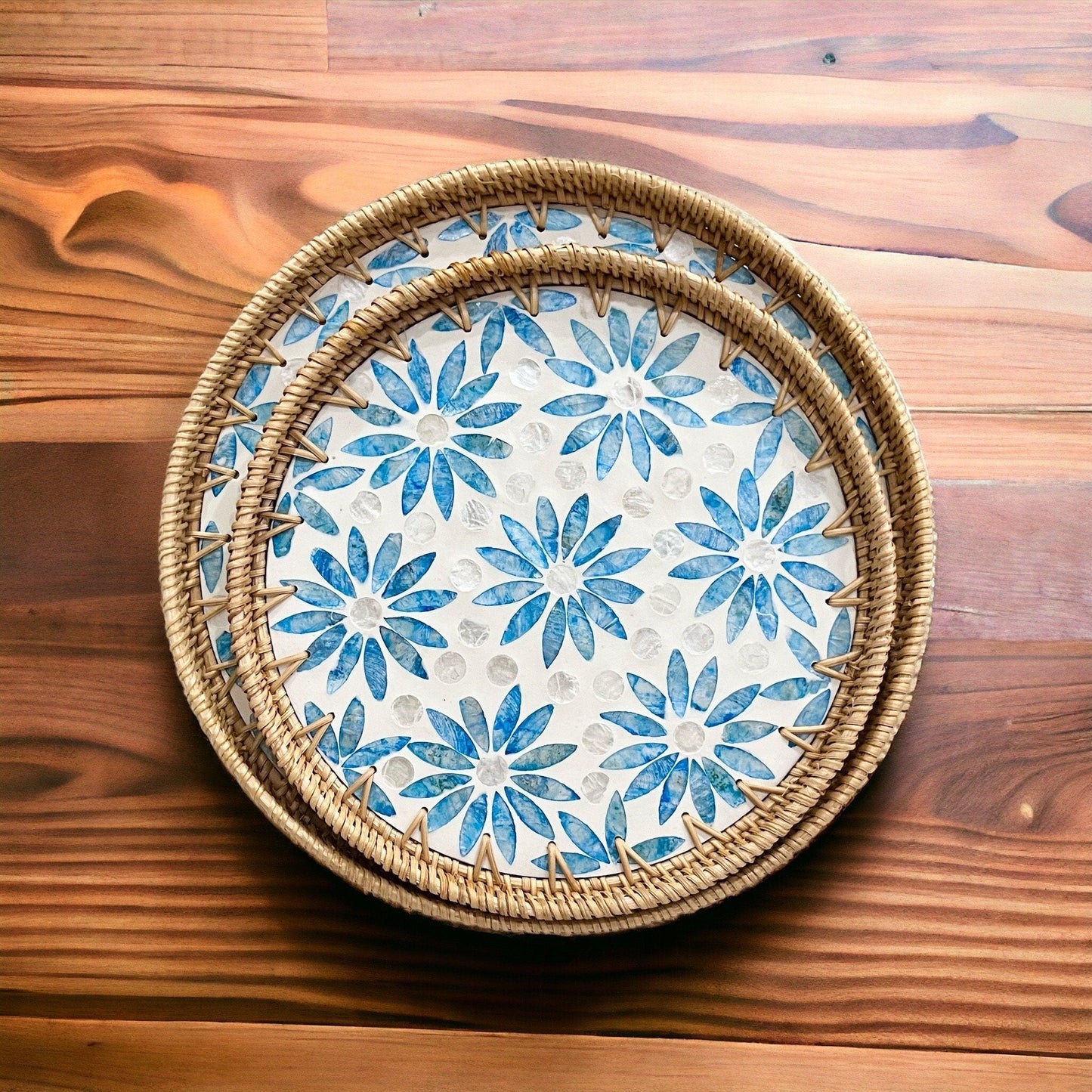 Hand-woven Rattan and Blue Capiz Shell Inlay Round Serving TrayTuNaCraftCollectionSet 2 (S+M)