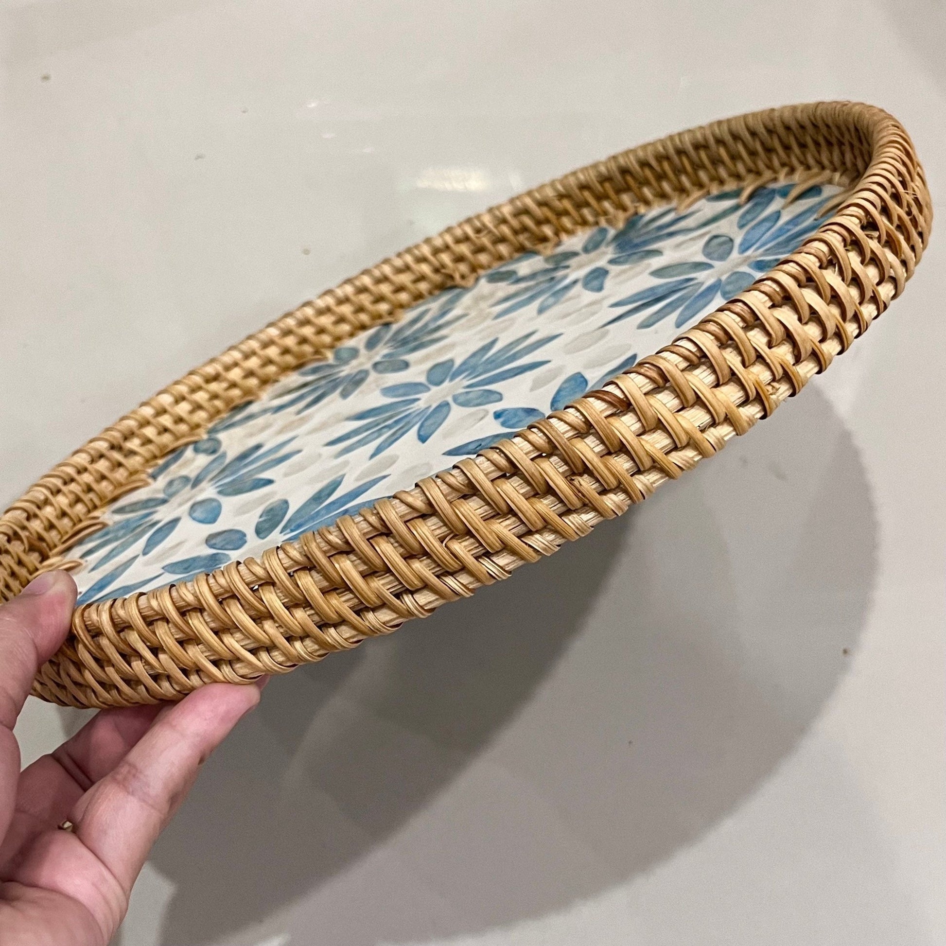 Hand-woven Rattan and Blue Capiz Shell Inlay Round Serving TrayTuNaCraftCollectionSize S