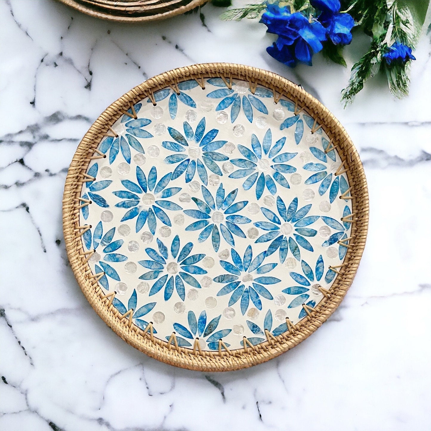 Hand-woven Rattan and Blue Capiz Shell Inlay Round Serving TrayTuNaCraftCollectionSize M