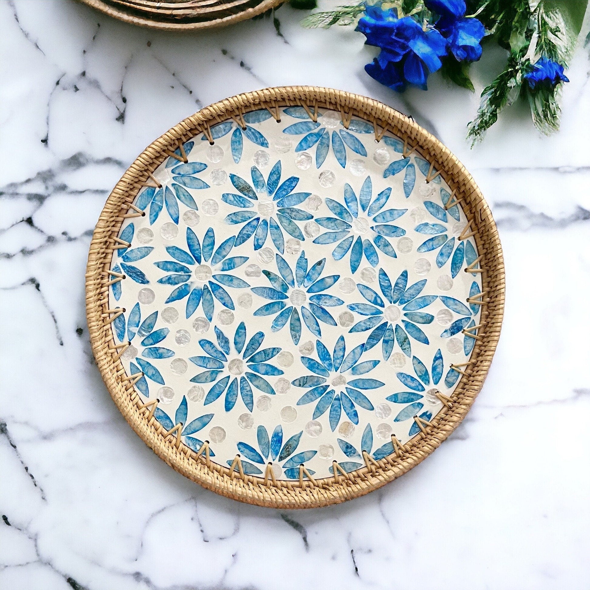 Hand-woven Rattan and Blue Capiz Shell Inlay Round Serving TrayTuNaCraftCollectionSize M