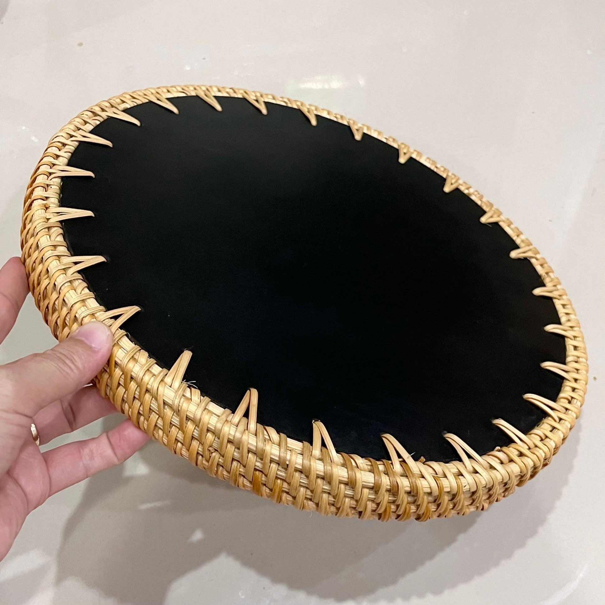 Hand-woven Rattan and Blue Capiz Shell Inlay Round Serving TrayTuNaCraftCollectionSize S