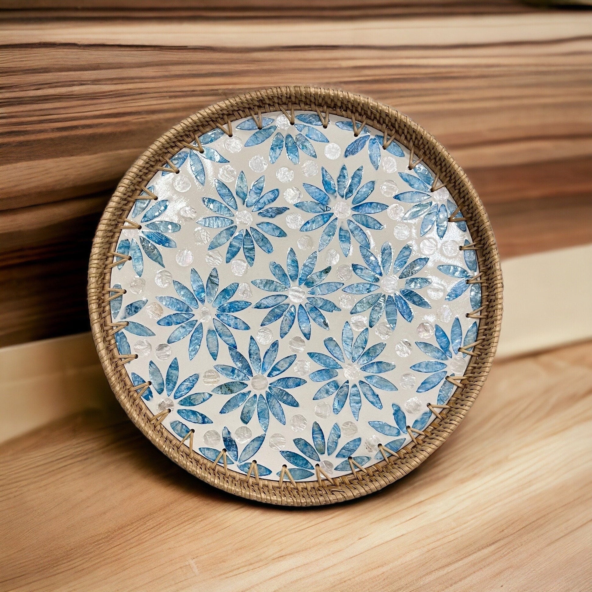 Hand-woven Rattan and Blue Capiz Shell Inlay Round Serving TrayTuNaCraftCollectionSize S