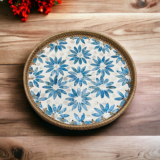 Hand-woven Rattan and Blue Capiz Shell Inlay Round Serving TrayTuNaCraftCollectionSize S