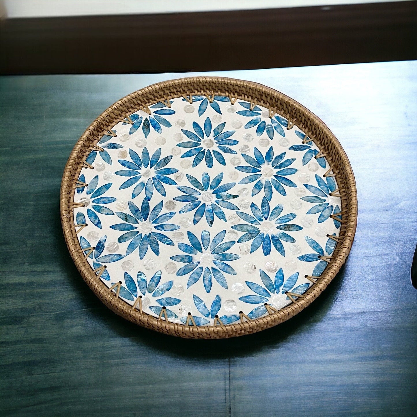 Hand-woven Rattan and Blue Capiz Shell Inlay Round Serving TrayTuNaCraftCollectionSize S