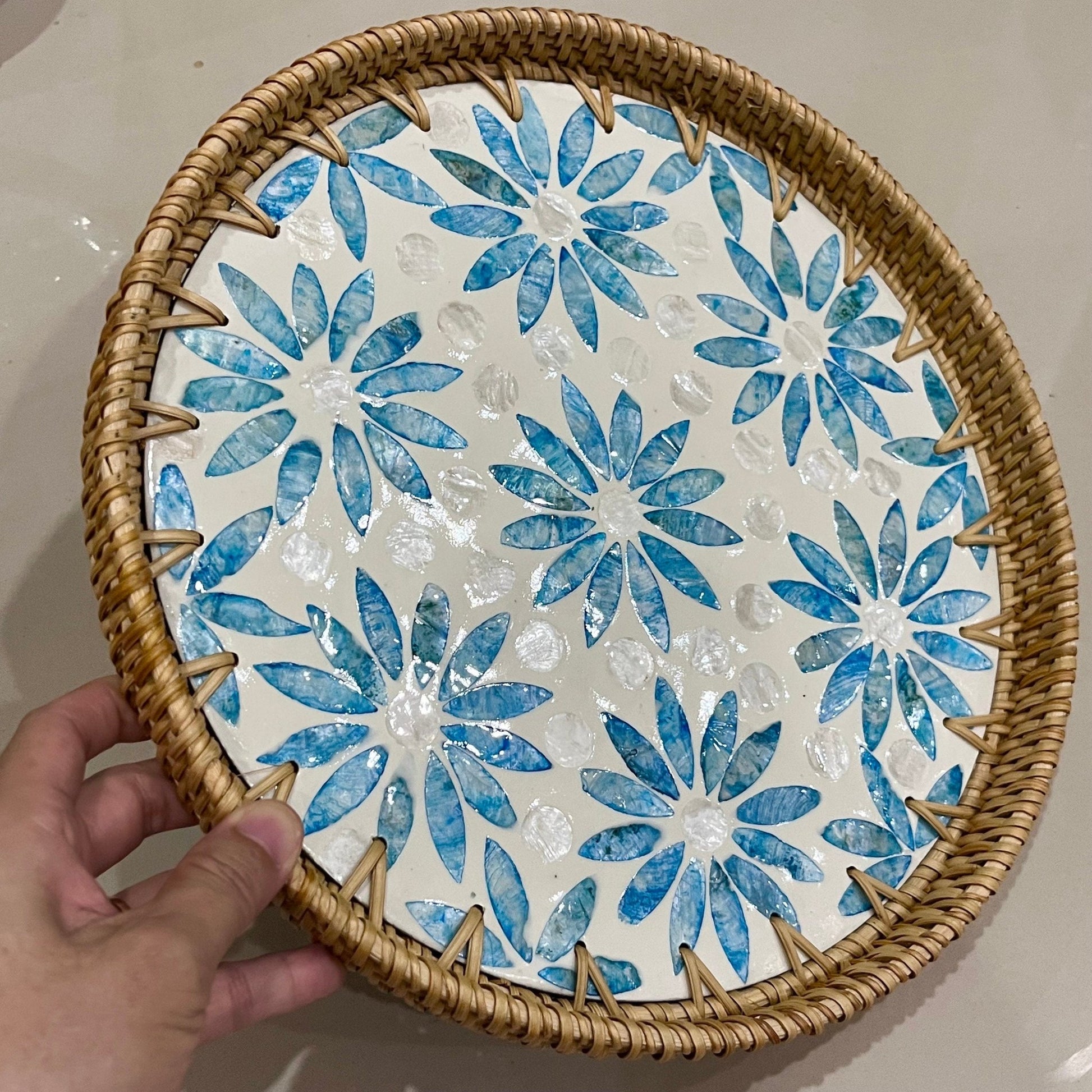 Hand-woven Rattan and Blue Capiz Shell Inlay Round Serving TrayTuNaCraftCollectionSize S