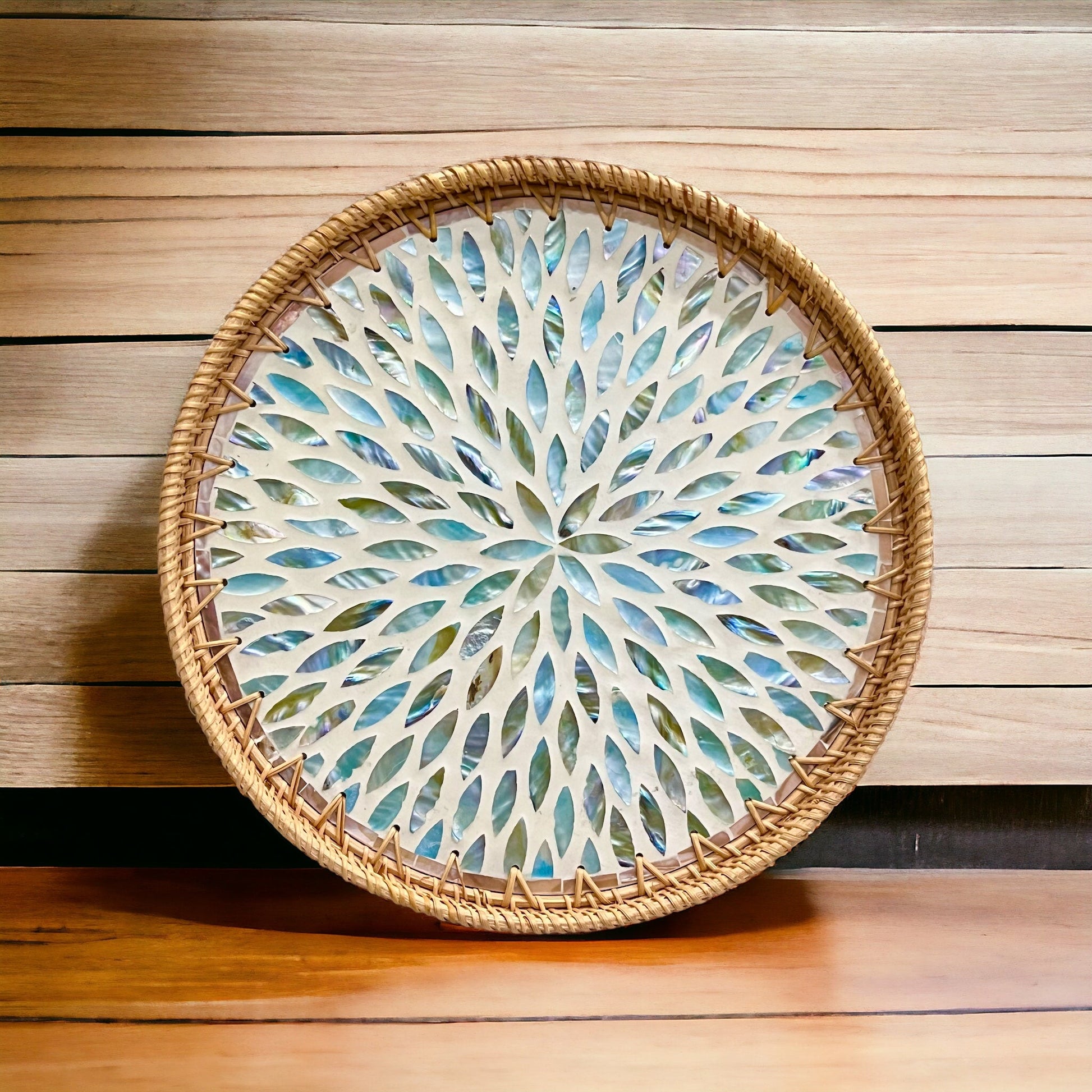 Hand-woven Rattan & Aqua flower Mother Pearl Round Decoration Serving TrayTuNaCraftCollectionSize S