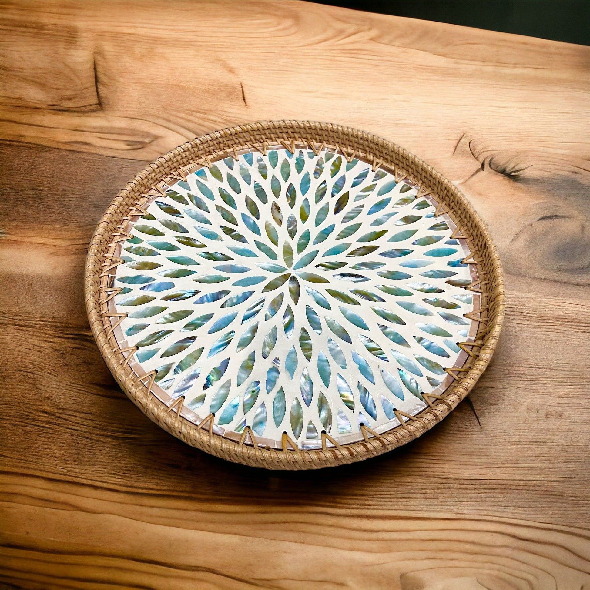 Hand-woven Rattan & Aqua flower Mother Pearl Round Decoration Serving TrayTuNaCraftCollectionSize S