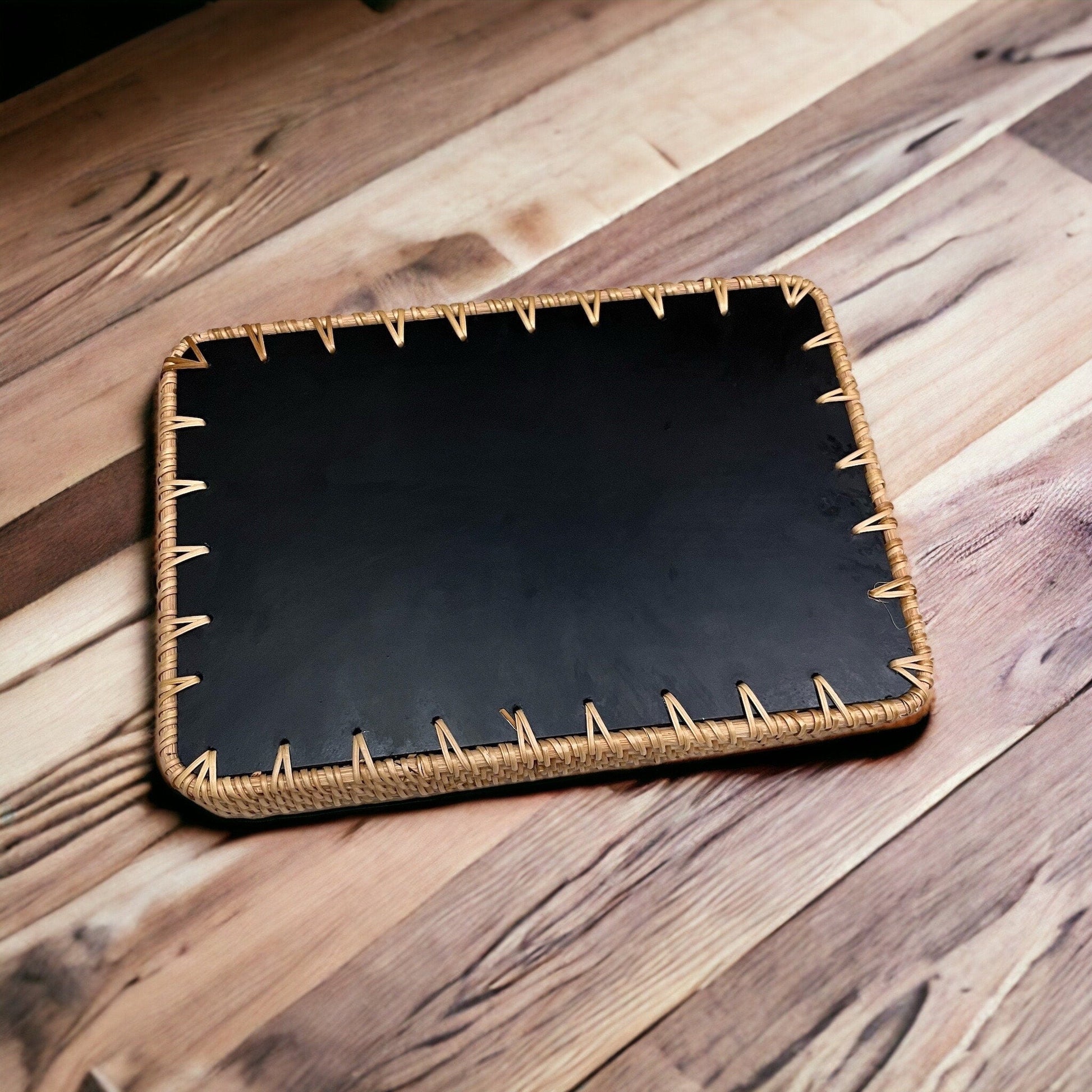 Hand-woven Rattan & Yellow Floral Capiz Shell Rectangle Serving TrayBBDecorHouseSmall size