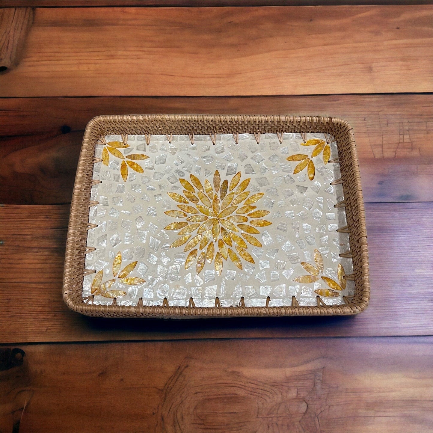 Hand-woven Rattan & Yellow Floral Capiz Shell Rectangle Serving TrayBBDecorHouseSmall size