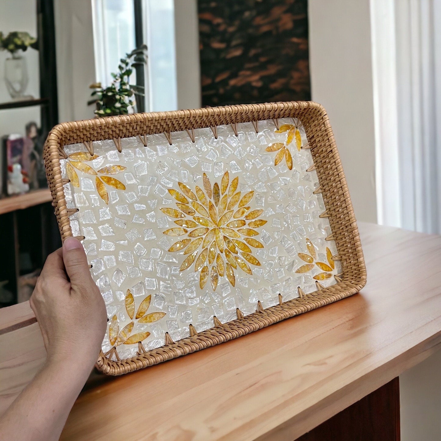 Hand-woven Rattan & Yellow Floral Capiz Shell Rectangle Serving TrayBBDecorHouseSmall size