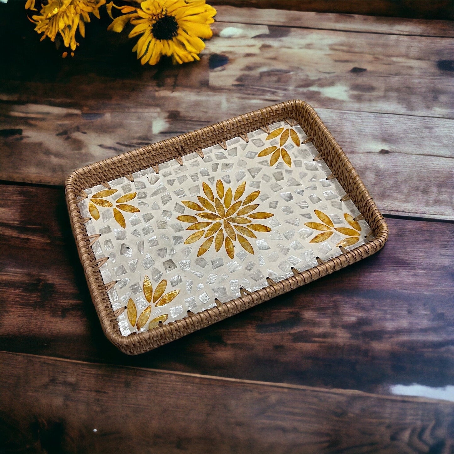 Hand-woven Rattan & Yellow Floral Capiz Shell Rectangle Serving TrayBBDecorHouseSmall size