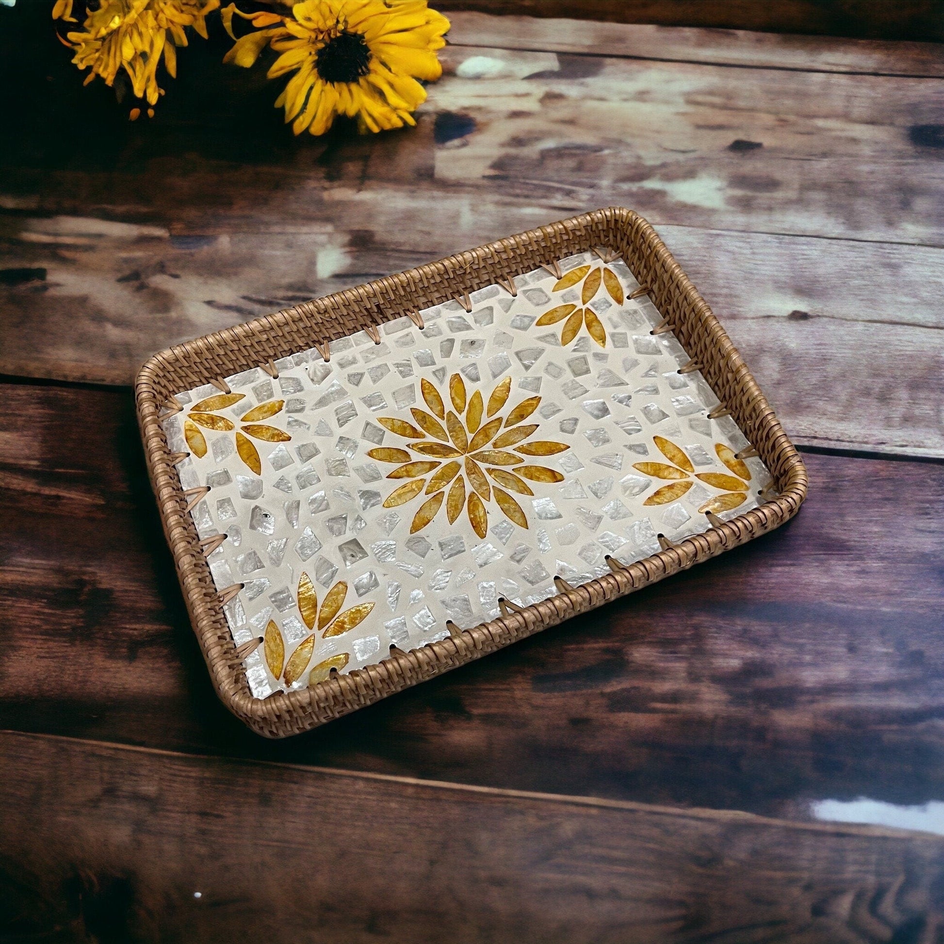 Hand-woven Rattan & Yellow Floral Capiz Shell Rectangle Serving TrayBBDecorHouseSmall size