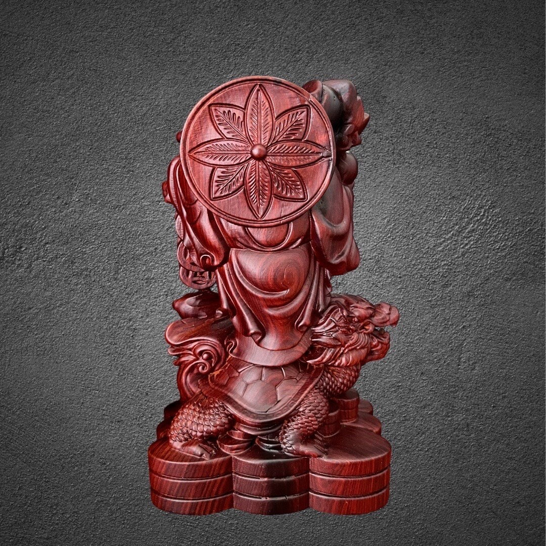 Laughing Maitreya Buddha Standing on Qilin, God of Wealth Statue Made of Techicai Sitan hardwoodTuNaCraftCollection