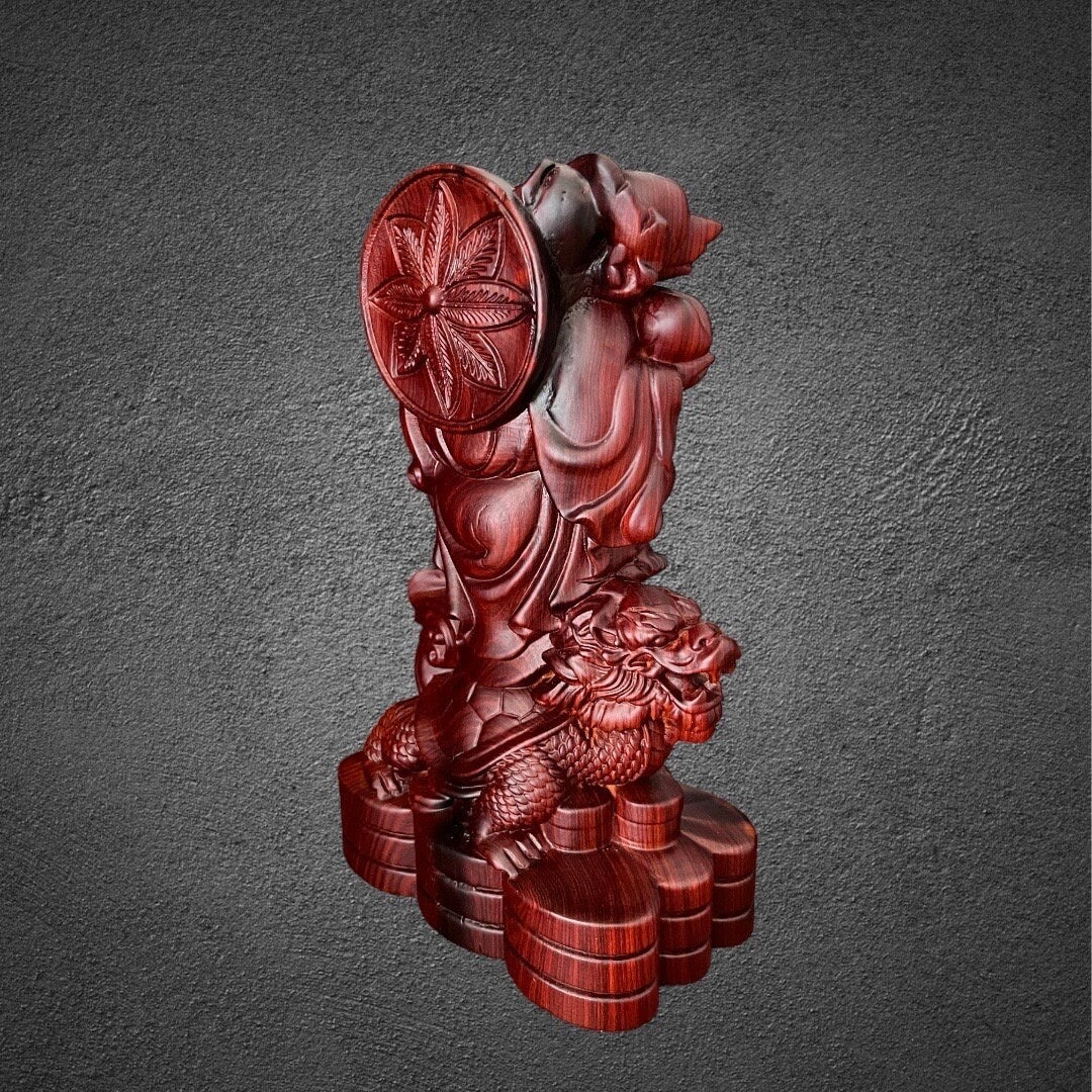 Laughing Maitreya Buddha Standing on Qilin, God of Wealth Statue Made of Techicai Sitan hardwoodTuNaCraftCollection