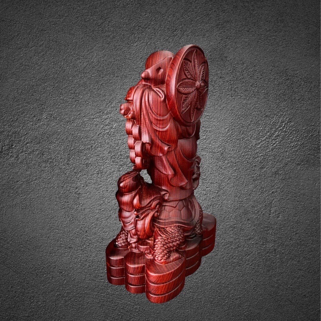 Laughing Maitreya Buddha Standing on Qilin, God of Wealth Statue Made of Techicai Sitan hardwoodTuNaCraftCollection