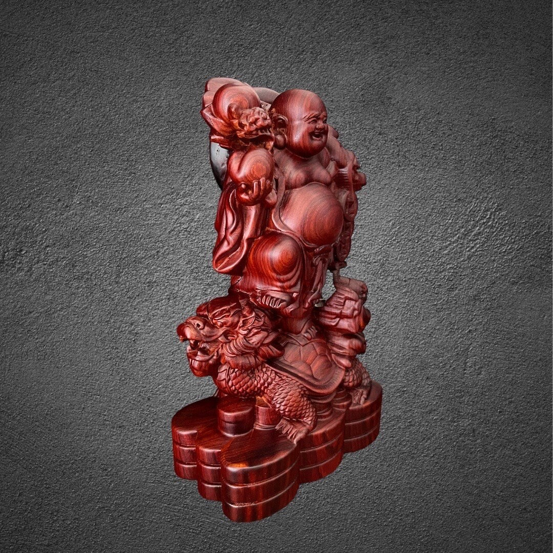 Laughing Maitreya Buddha Standing on Qilin, God of Wealth Statue Made of Techicai Sitan hardwoodTuNaCraftCollection