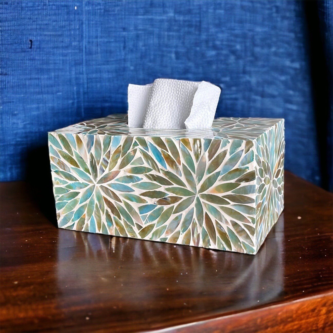 Mother of pearl inlay rectangle tissue box holder with floral pattern in aqua colorPremiumWoodArt