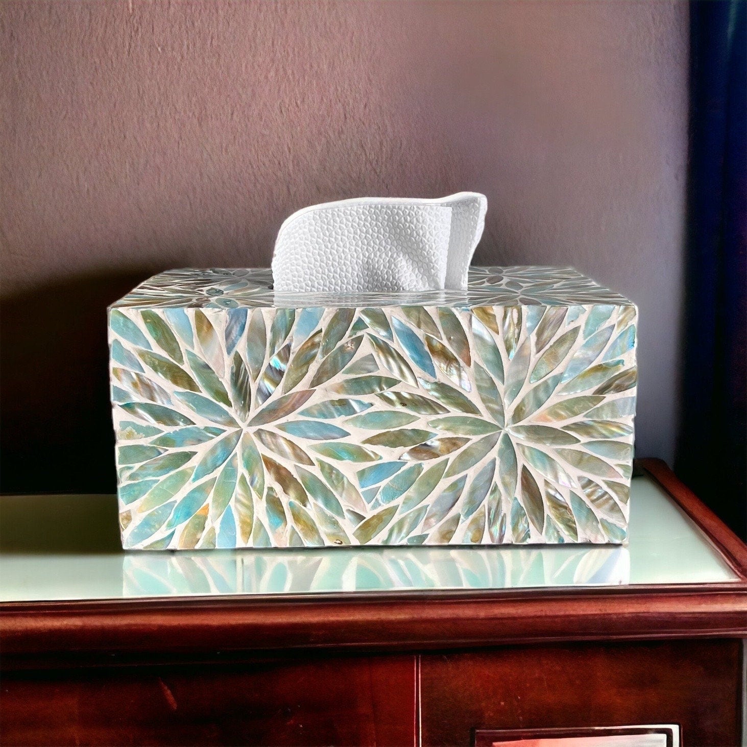 Mother of pearl inlay rectangle tissue box holder with floral pattern in aqua colorPremiumWoodArt