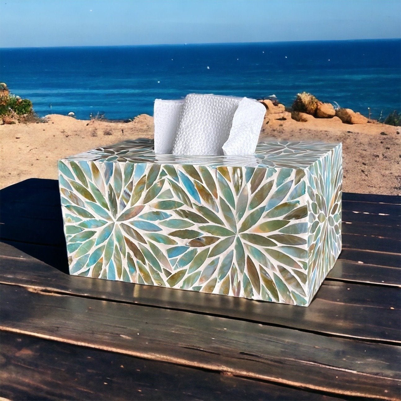 Mother of pearl inlay rectangle tissue box holder with floral pattern in aqua colorPremiumWoodArt