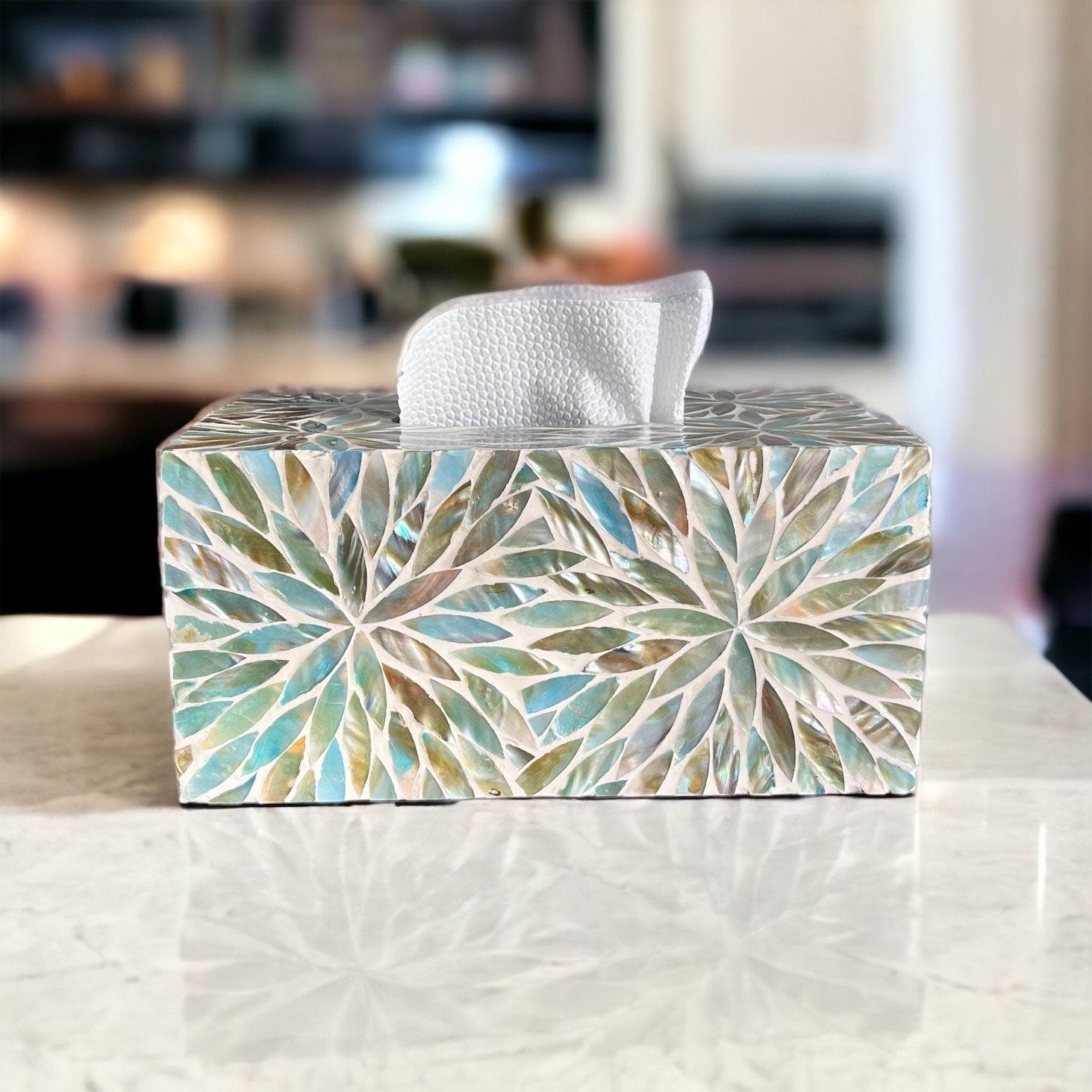 Mother of pearl inlay rectangle tissue box holder with floral pattern in aqua colorPremiumWoodArt