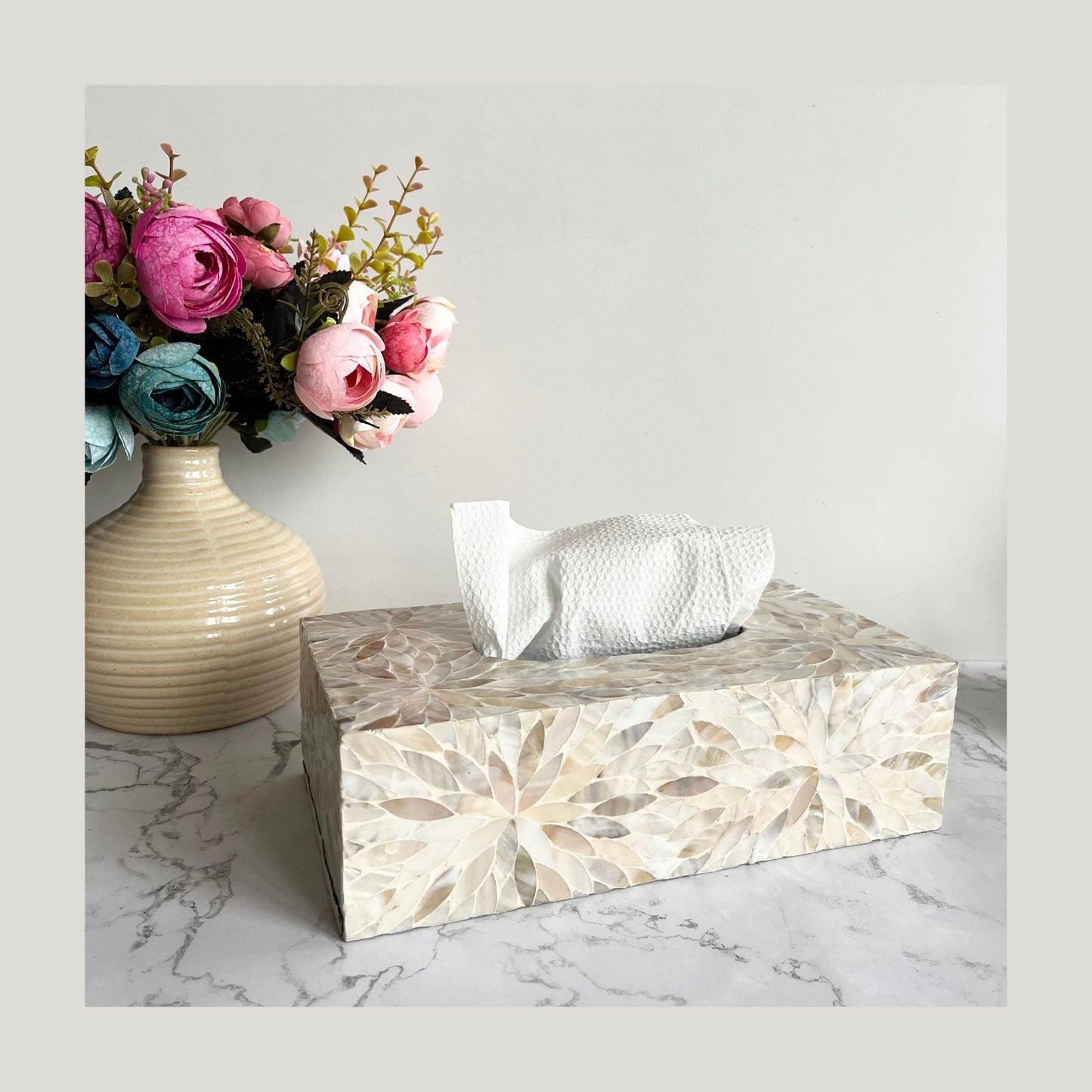 Mother of pearl inlay rectangle tissue box holder with floral pattern vintage stylePremiumWoodArt