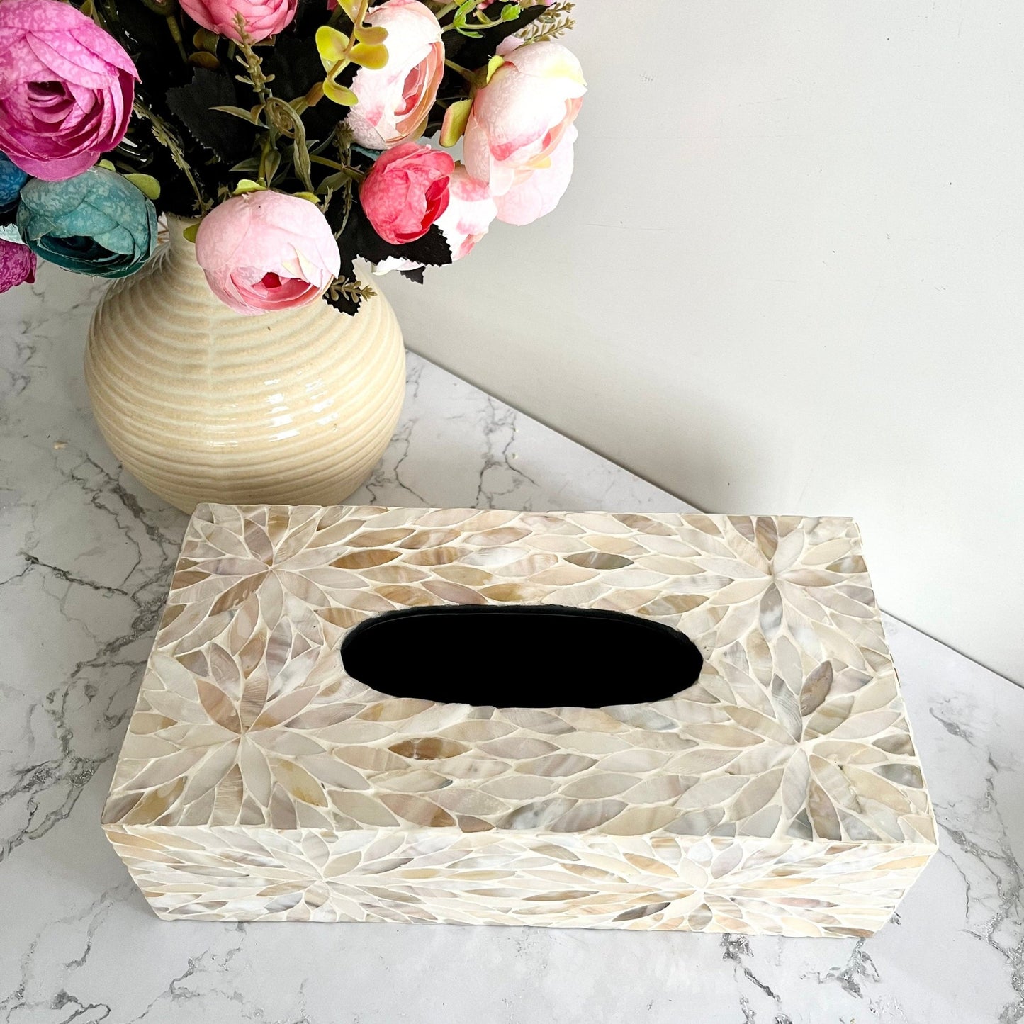 Mother of pearl inlay rectangle tissue box holder with floral pattern vintage stylePremiumWoodArt