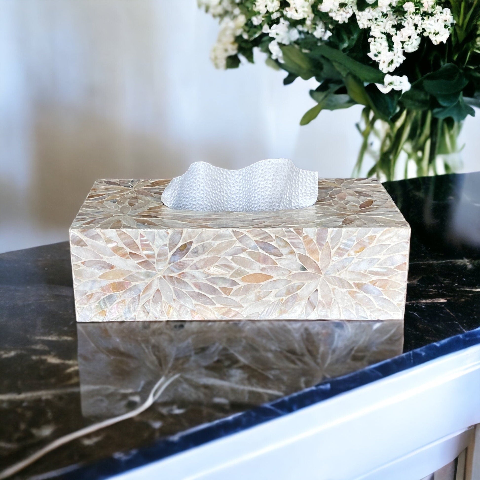 Mother of pearl inlay rectangle tissue box holder with floral pattern vintage stylePremiumWoodArt