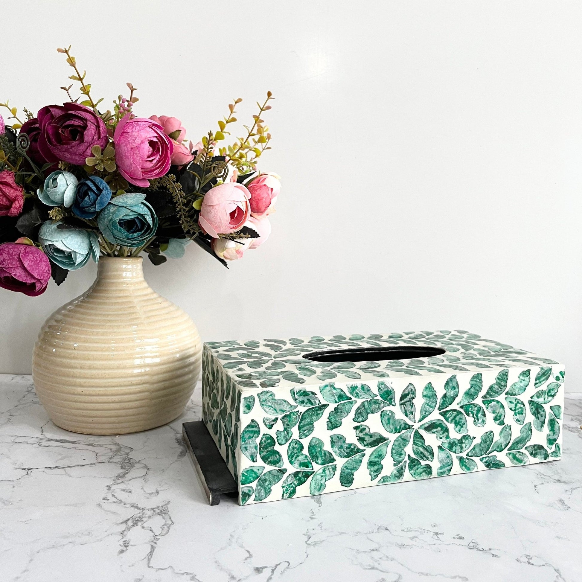 Mother of pearl inlay rectangle tissue box holder with green leaves patternPremiumWoodArt