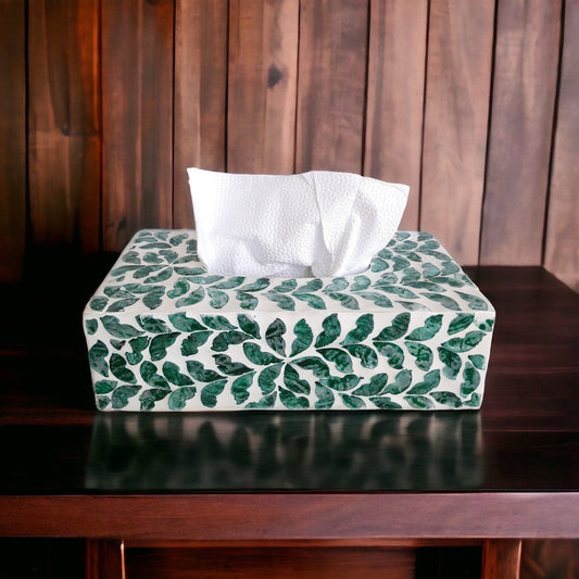 Mother of pearl inlay rectangle tissue box holder with green leaves patternPremiumWoodArt