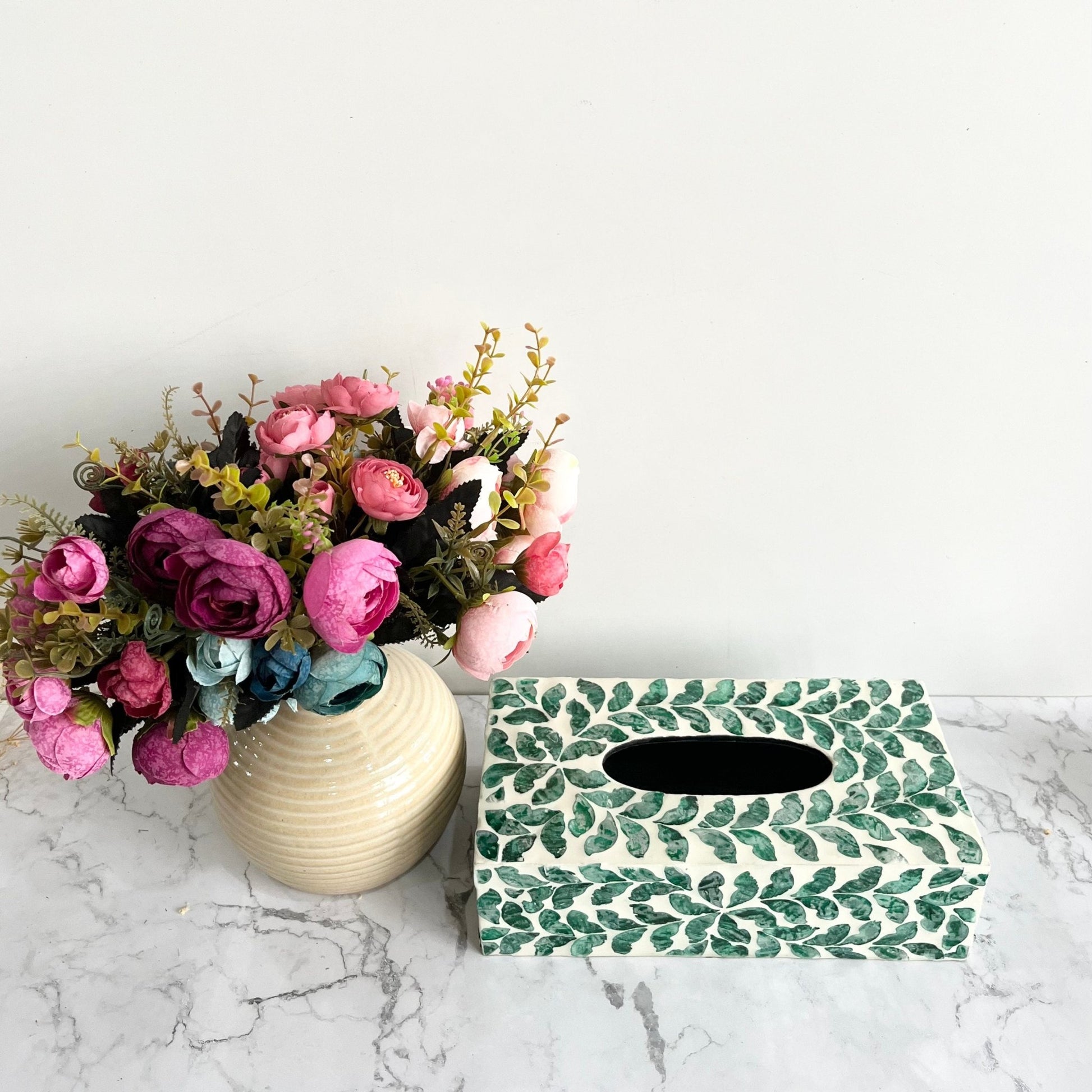 Mother of pearl inlay rectangle tissue box holder with green leaves patternPremiumWoodArt
