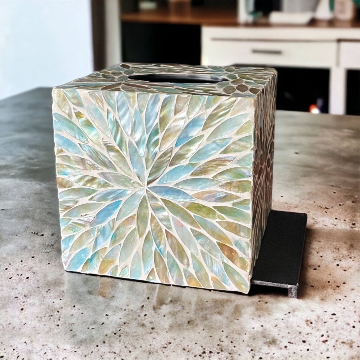 Mother of pearl inlay square tissue box holder with blue floral patternPremiumWoodArt