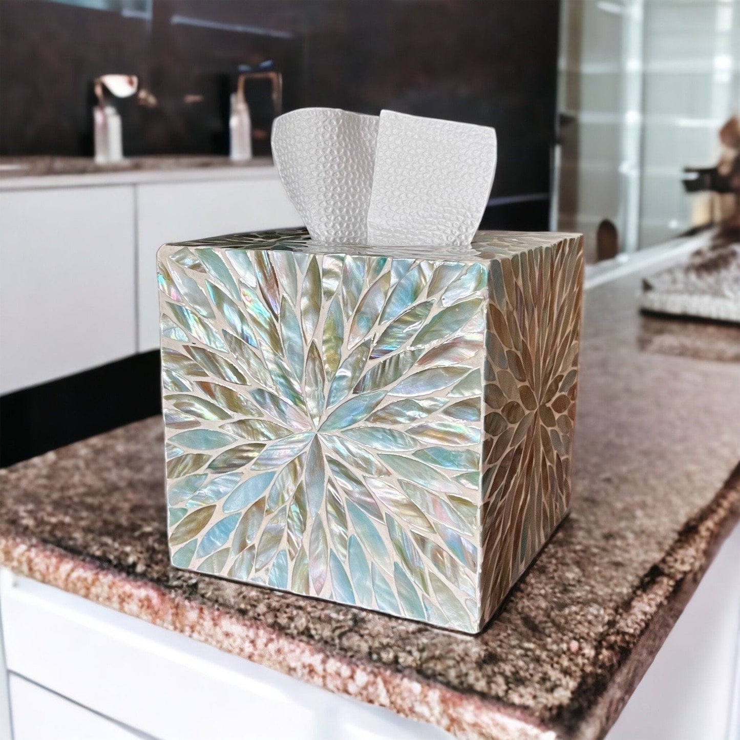 Mother of pearl inlay square tissue box holder with blue floral patternPremiumWoodArt