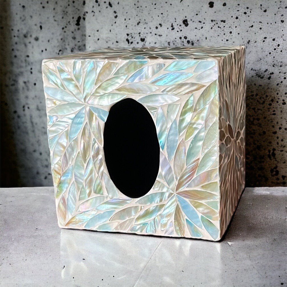 Mother of pearl inlay square tissue box holder with blue floral patternPremiumWoodArt