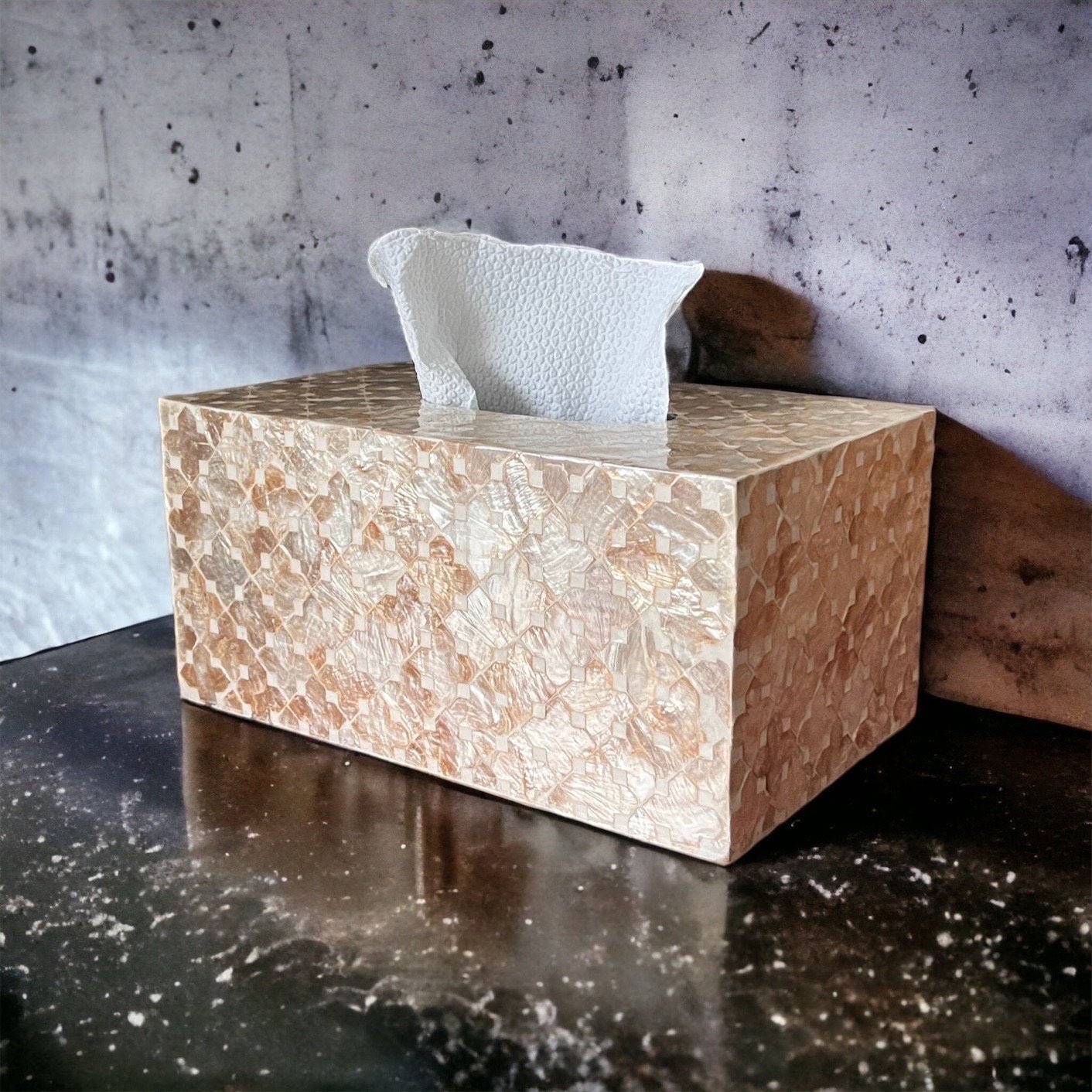 Mother of pearl rectangle tissue box holder in light gold colorPremiumWoodArt