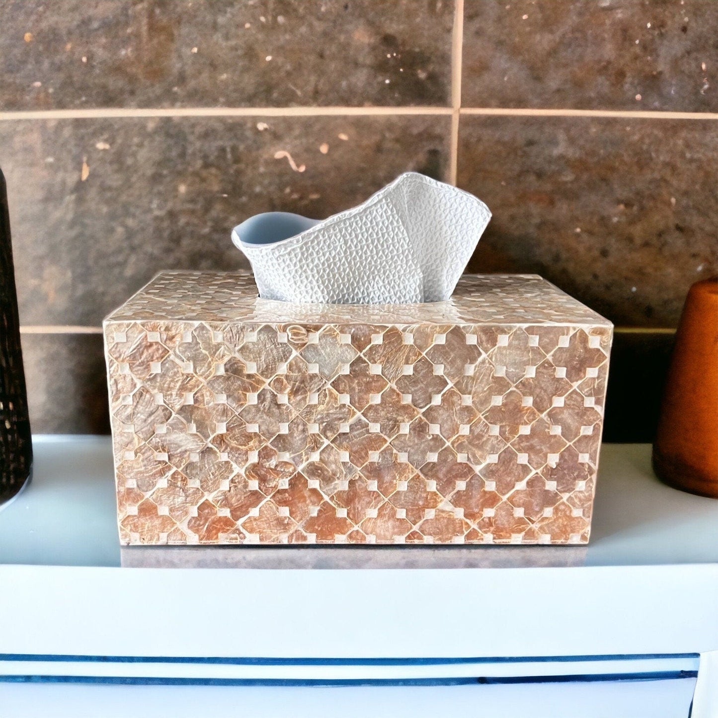 Mother of pearl rectangle tissue box holder in light gold colorPremiumWoodArt
