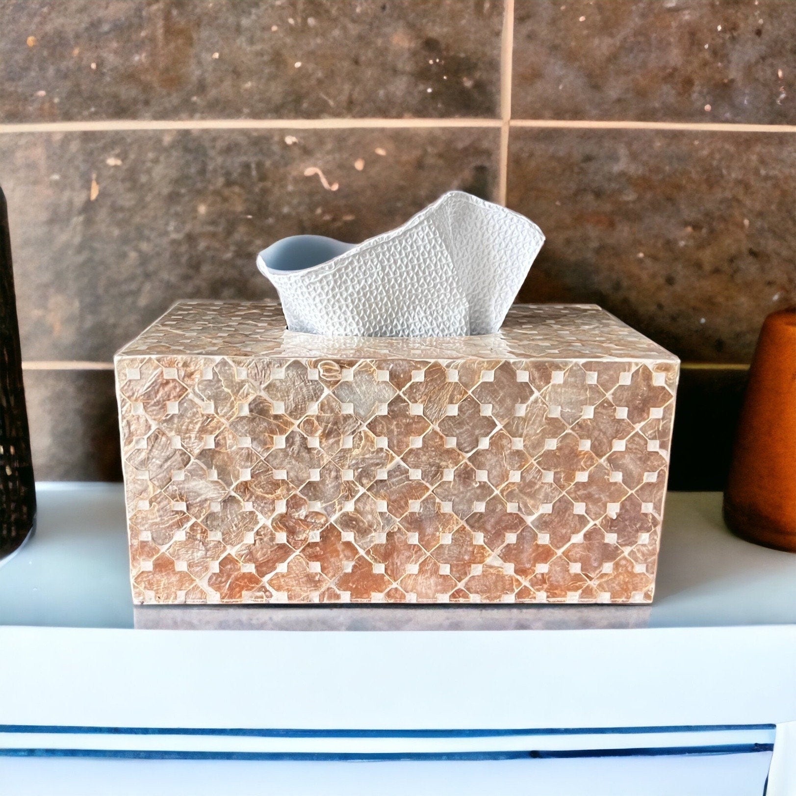Mother of pearl rectangle tissue box holder in light gold colorPremiumWoodArt